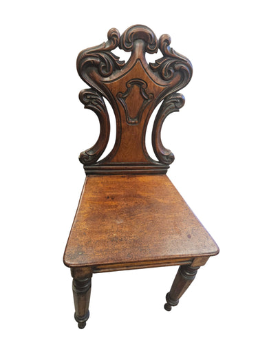 Pair Antique 19thc Mahogany Hall Chairs 33"h x 16"w