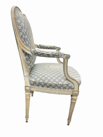 Antique Louis XVI fauteuil armchair w/ blue/cream upholstery, 41.5H. 24W. 24D.