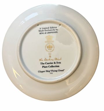 Bing & Grondahl Currier & Ives "Flying Cloud" clipper ship plate, 8" diam.