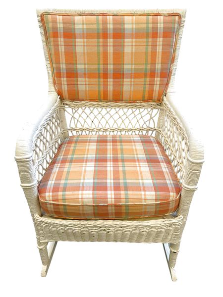 VTG White Wicker Rocker w/Cushions, 24x32x36"