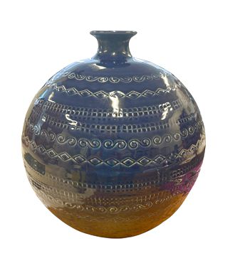 Dark blue round incised pottery vase, 7.5" diam., 11" h