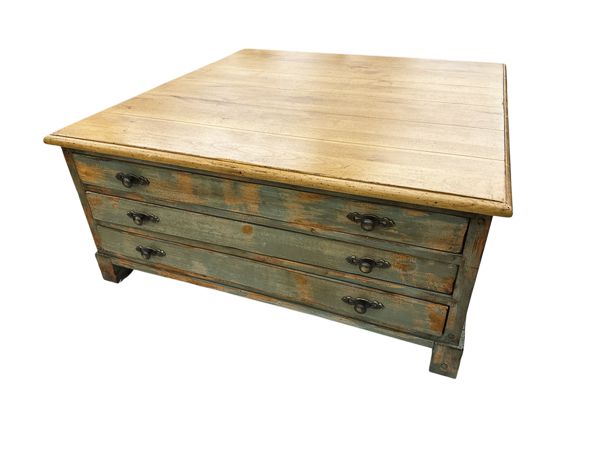 Wood Square Coffee Table w/ 6 Drawers, 42x19"