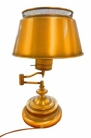 Antiqued brass swing-arm lamp w/ glass chimney, 18" h