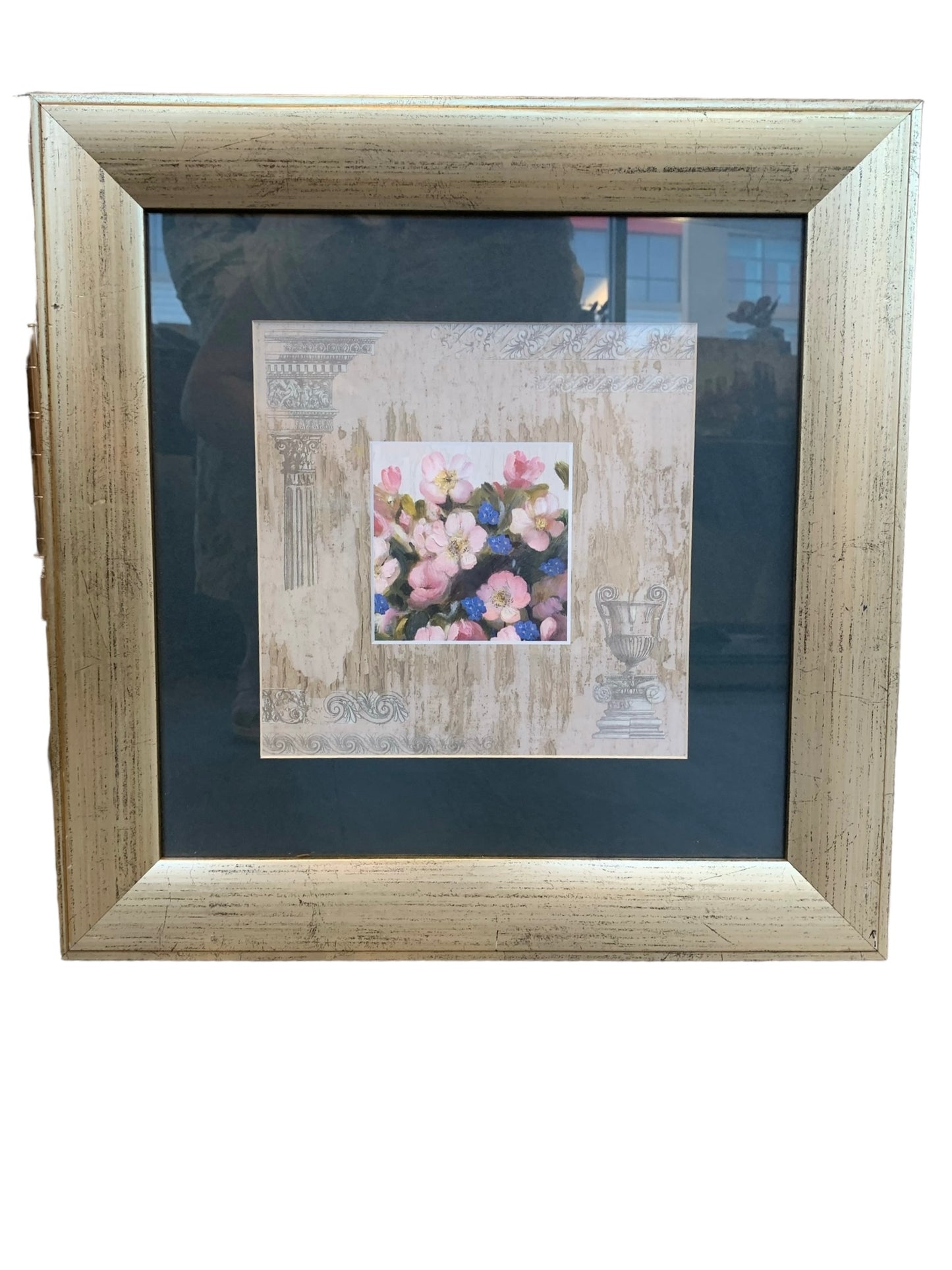 Floral print in square gold frame, 16.5x16.5"