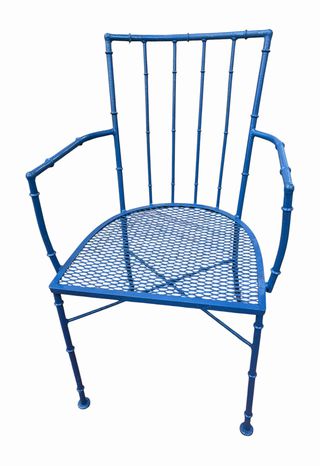 Set of 4 blue faux bamboo wrought iron mesh chairs--2 arm, 2 side, 34" h, 21" w,