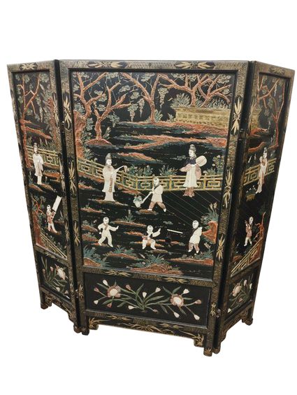 3 Piece Chinese Screen w/ Hand Placed Stones, 40x39"