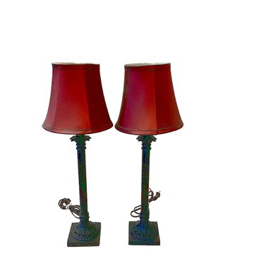 Pair Of Table Lamps w/Dark Red Shades 23'x7"