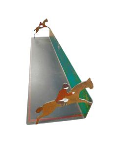 Cast-iron bookend shelf w/ equestrian jumpers, 4.5" h x 30" w x 7" d