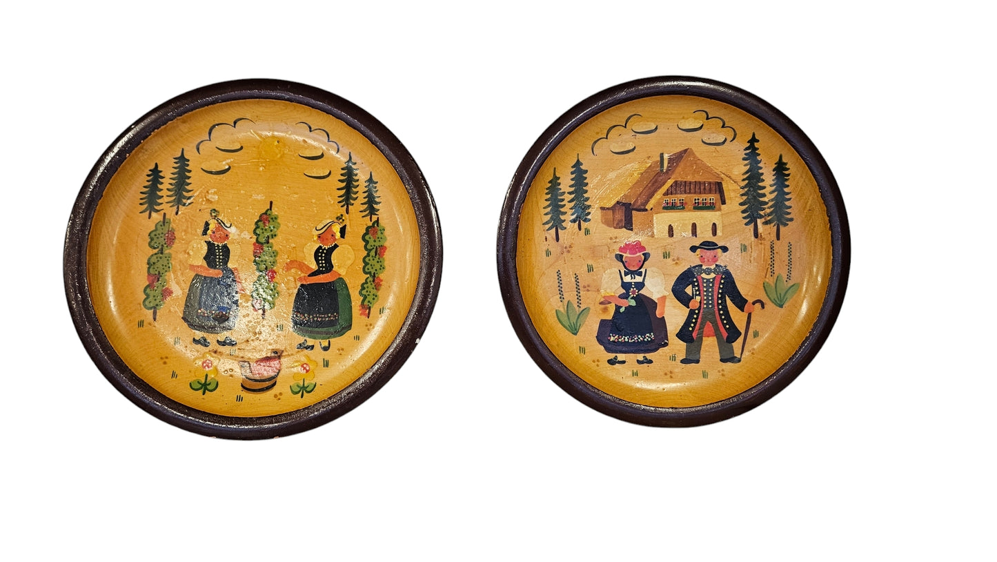 Pair Vintage Signed Swartzwald Wood Folk Plates 9"Dia