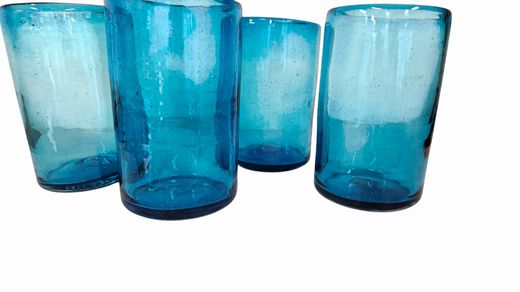 4 Handblown Turquoise Mexican Tumbler Glasses 8"H