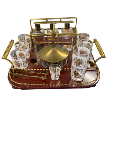 Vntg Portable bar, 6 glasses, 3 decanters, ice, 12"h x 20"' x 10"w