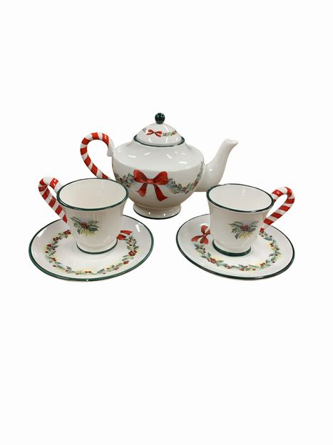 RedCandyCane Christmas Tea Set w 3 cups/saucers