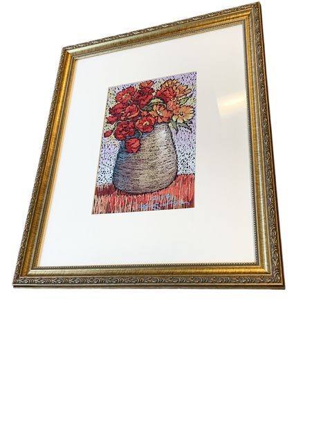 Red&Orange Poppies in Pottery Vase Print, Gold Frame