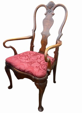 Queen Anne-style double-pedestal dining table w/ burled walnut top & custom glas