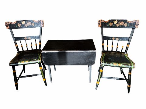 Set of 2 painted country chairs w/ small black rustic dropleaf table (15.25x26x2