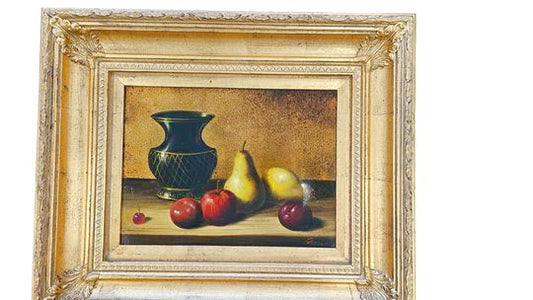 Traditional Heavy Gold Framed Pears, Apples, Urn, Gold Backed, signature 22X24"