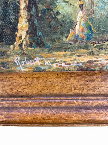 Vintage Signed Impressionist Painting Of Park Scene- Wooden Frame 16x18"