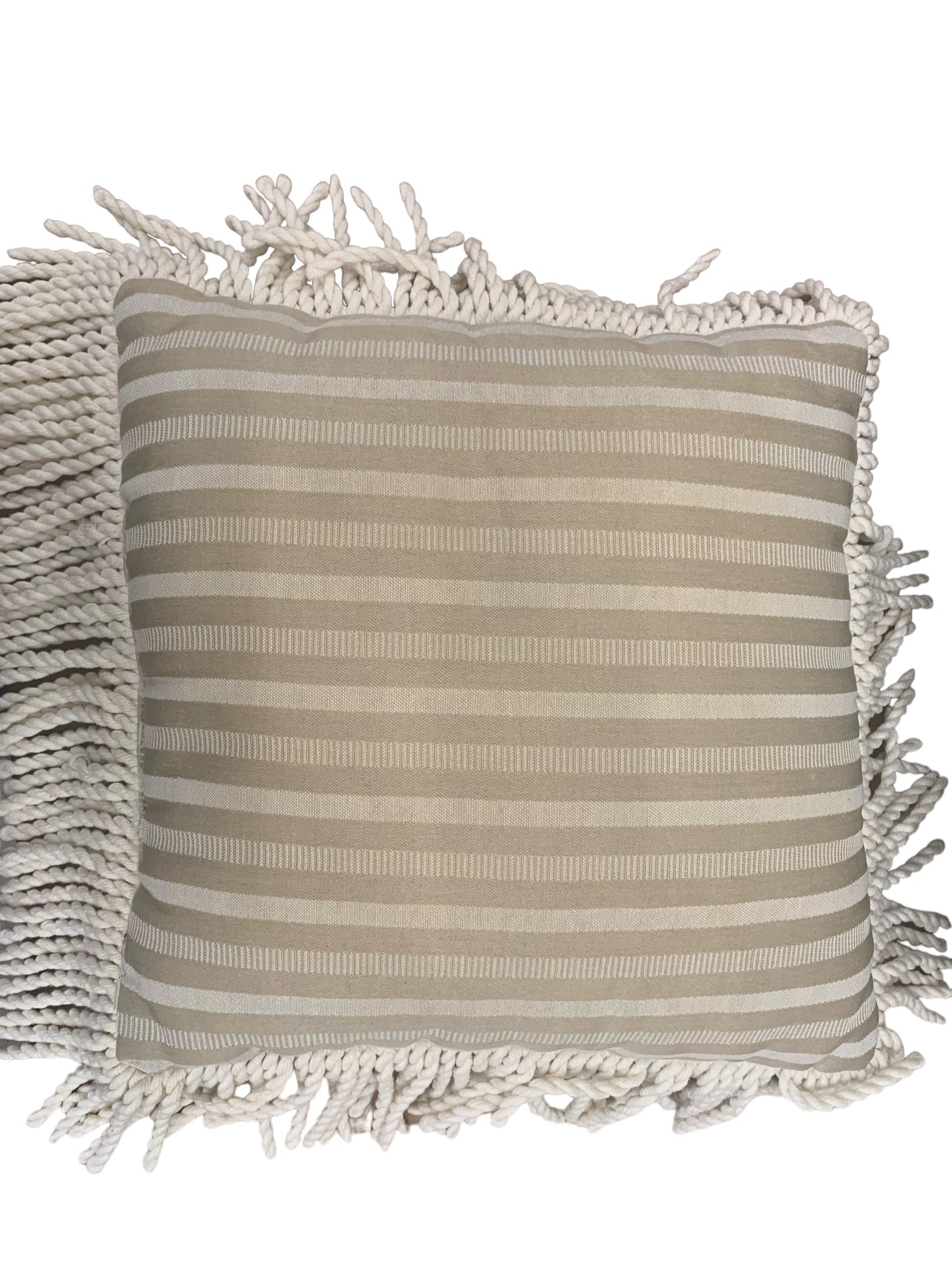 Beige/ivory brocade/striped pillow w/ ivory fringe, 17x17"