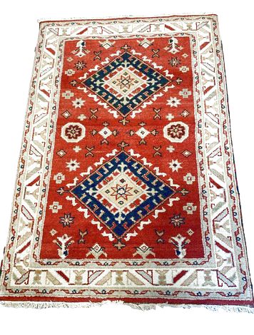 Russet/navy/beige tribal Kazak-style wool rug, 4x6'