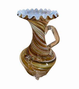 Brown/yellow art glass vase w/ handle, 6" h