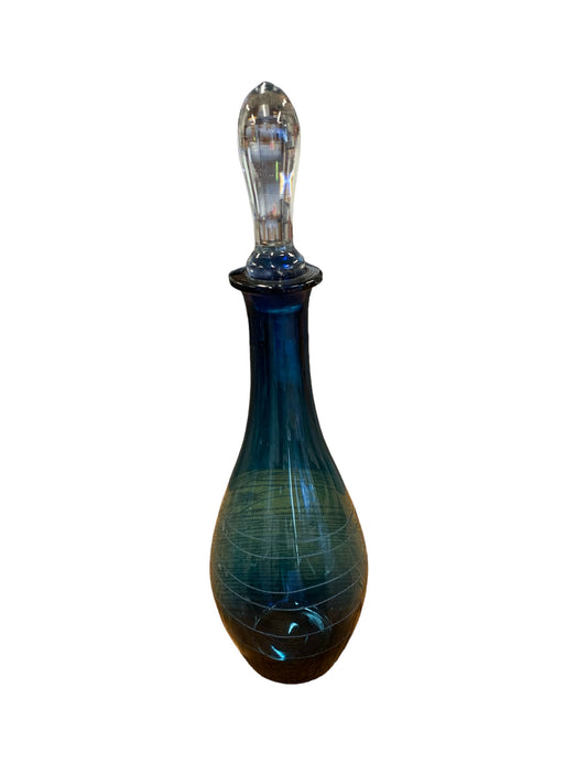 Blue glass decanter w/ etched curved lines, clear stopper, 15.75" h