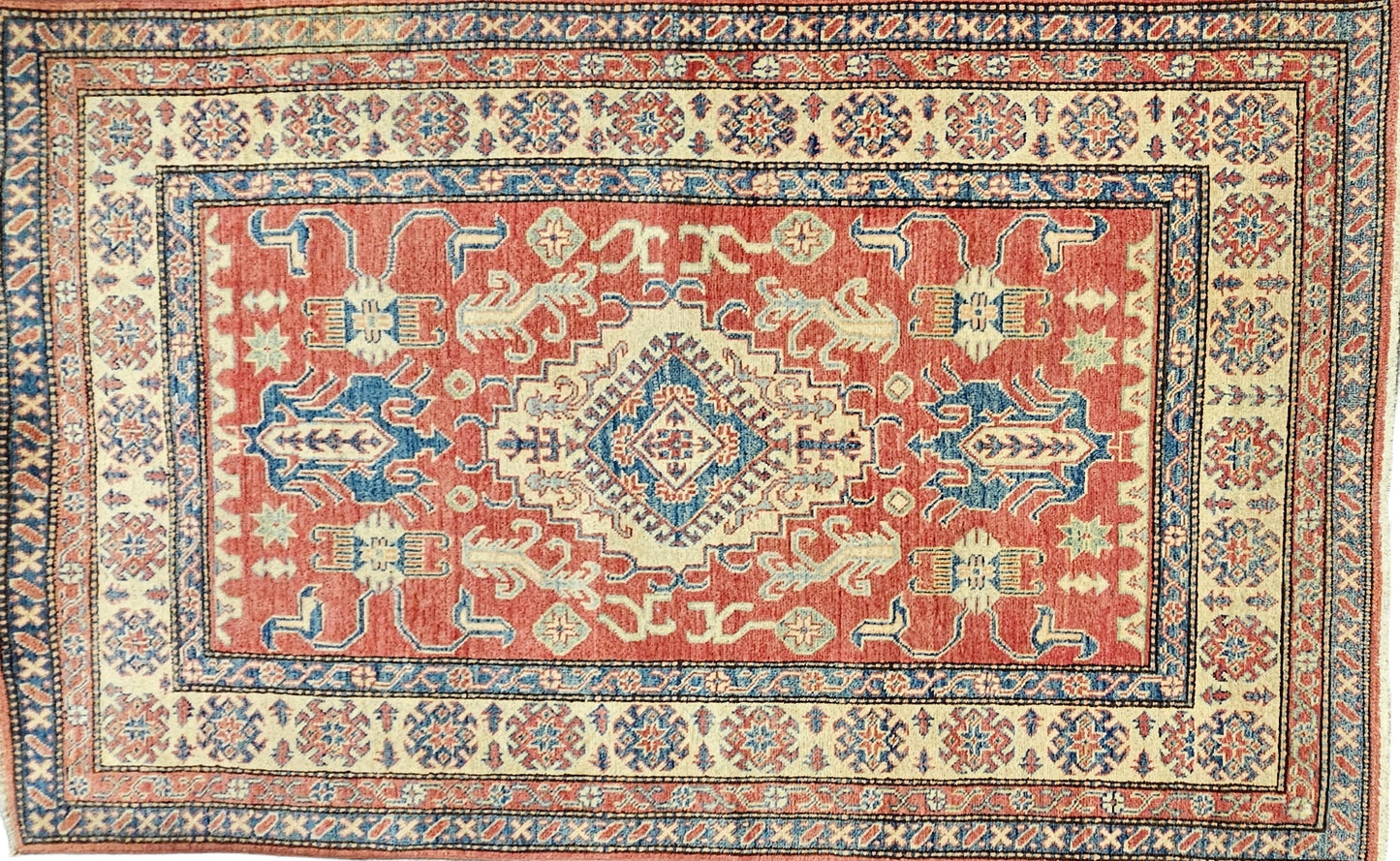 Oriental Soft Red with Blue Wool Rug 4x6'