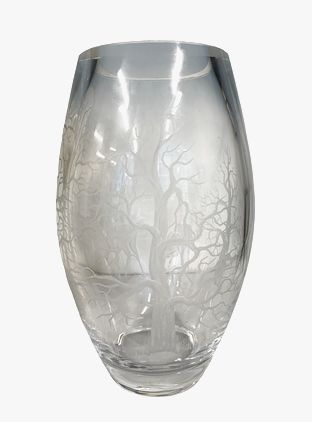 Signed Swedish crystal vase w/ intaglio forest scene, 10" h