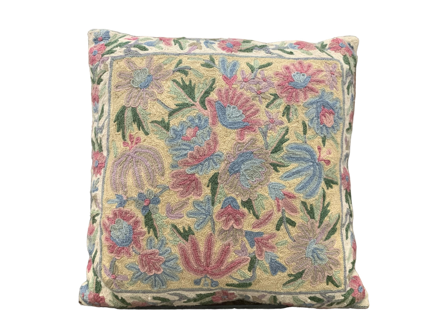 Pastel floral crewelwork pillow, 15x15"