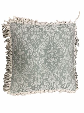 Pale green brocade/striped pillow w/ ivory trim, 16x16"