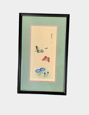 Framed watercolor on silk w/ butterflies, 16x10"