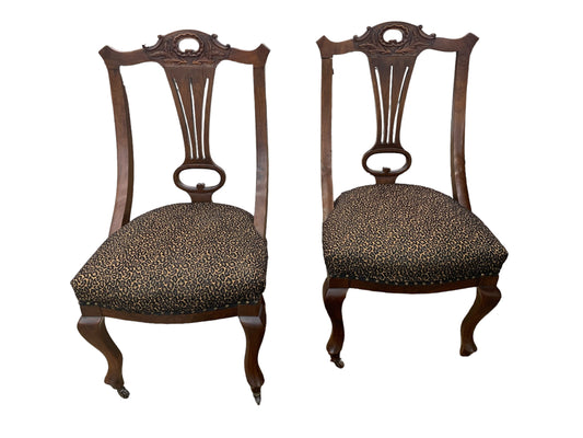 Set of 4 vintage mahogany Chippendale-style side chairs w/ leopard print seats,
