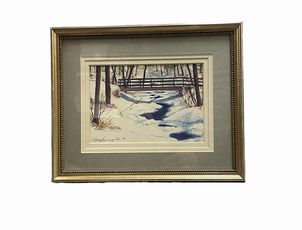 Watercolor snowscape print of bridge over creek, 8.75x10.75"