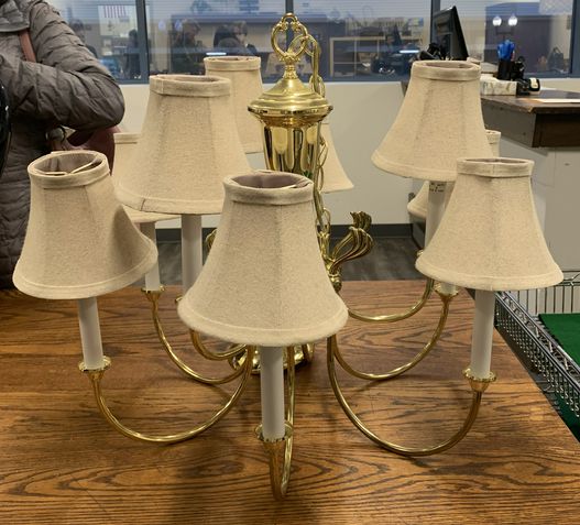 9-arm brass chandelier with beige shades, 21" h (excluding chain)