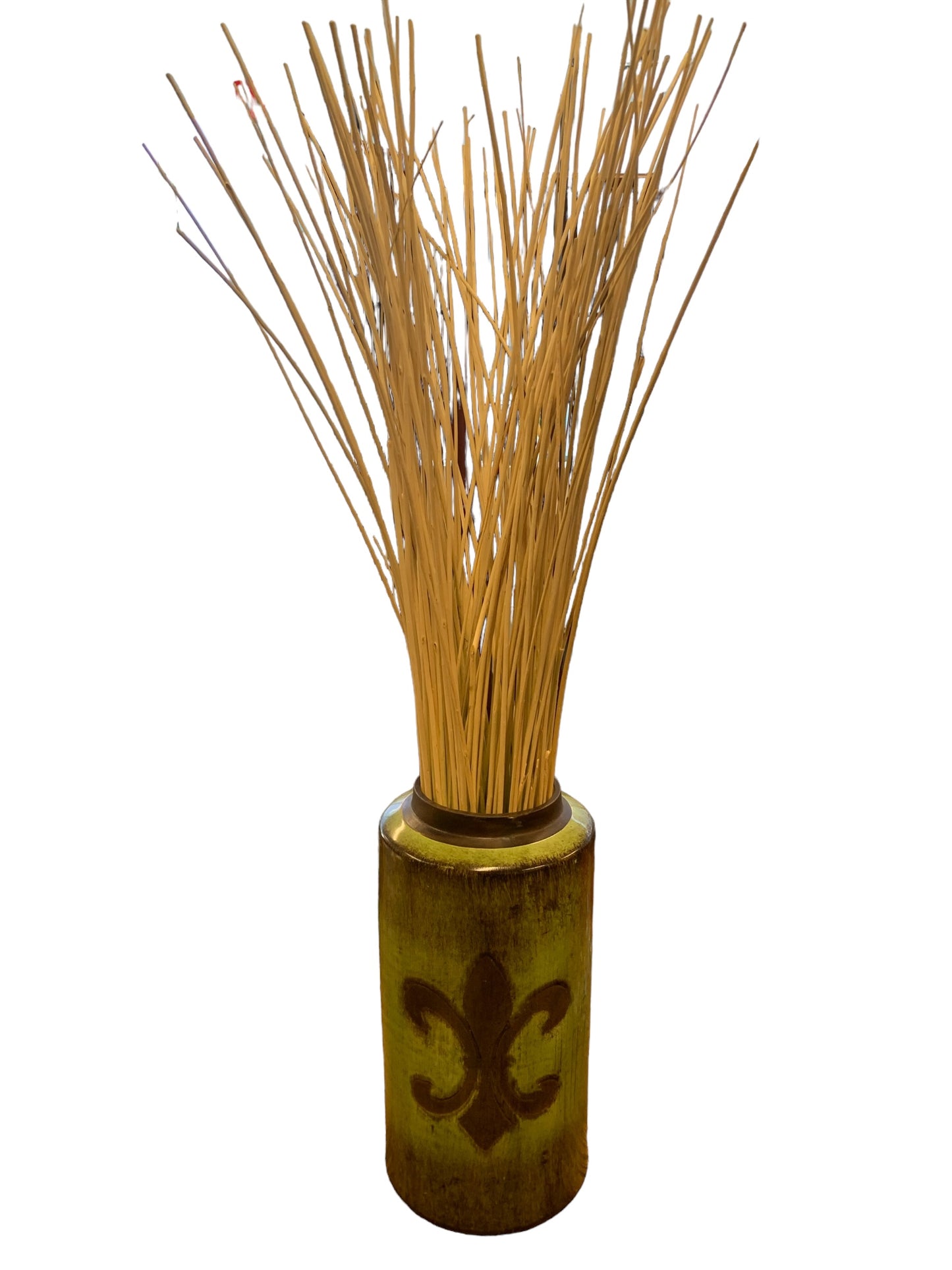 Green Ceramic Vase, Fleur d Lil design w Grasses 13"