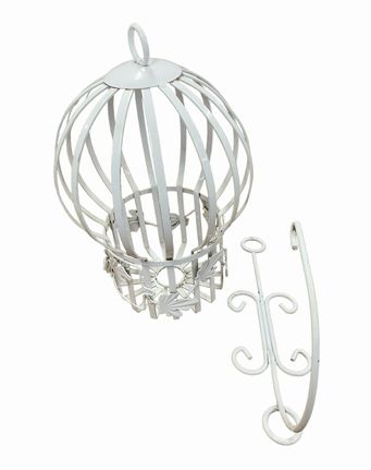 White metal hanging birdcage planter w/ hanger hook, 10.5" diam., 16" h