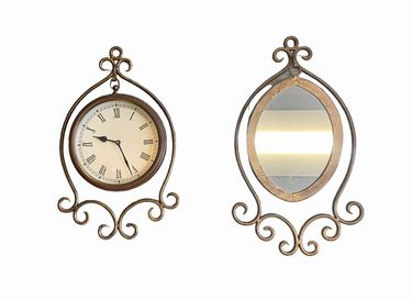 PAIR of iron wall hangers w/ clock and mirror, 10.75x20"