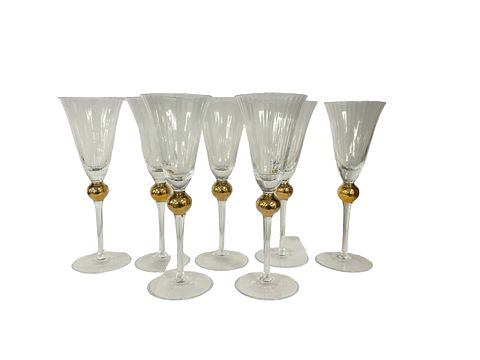 Set of 6+1 fluted wine glasses w/gold ball on stem, 9.5"H
