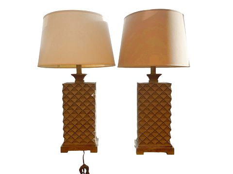 PAIR of brown honeycomb-style lamps w/ tan shades, 31" h