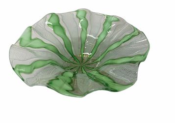 Small footed green/white scalloped blown-glass bowl, likely Murano, 5" diam., 2"