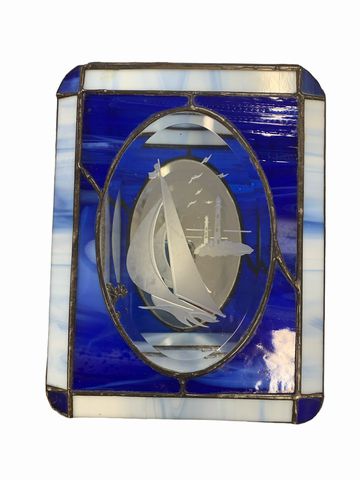 Hinged stained-glass box w/ etched sailboat & mirrored bottom, 6.5x8.5x2.25"