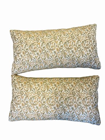 Pair of lumbar pillows,green & gold design, 20" x10"