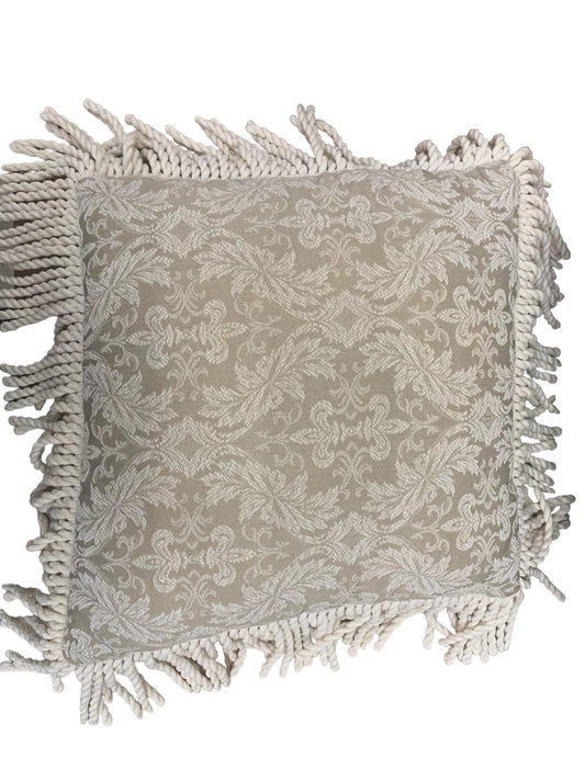 Beige/ivory brocade/striped pillow w/ ivory fringe, 17x17"