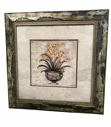 Classic print of potted plant in green frame, 17.5x17"