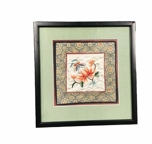 Framed Asian silk panel, 11.5x11.5"