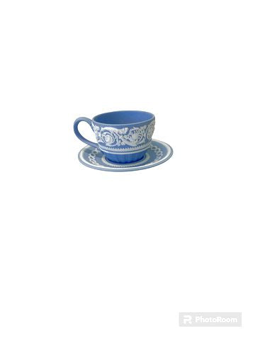 Wedgwood 250 Anniv. Blue Jasperware Cup 5" x 2.5" & Saucer 5" x 3/4 " h