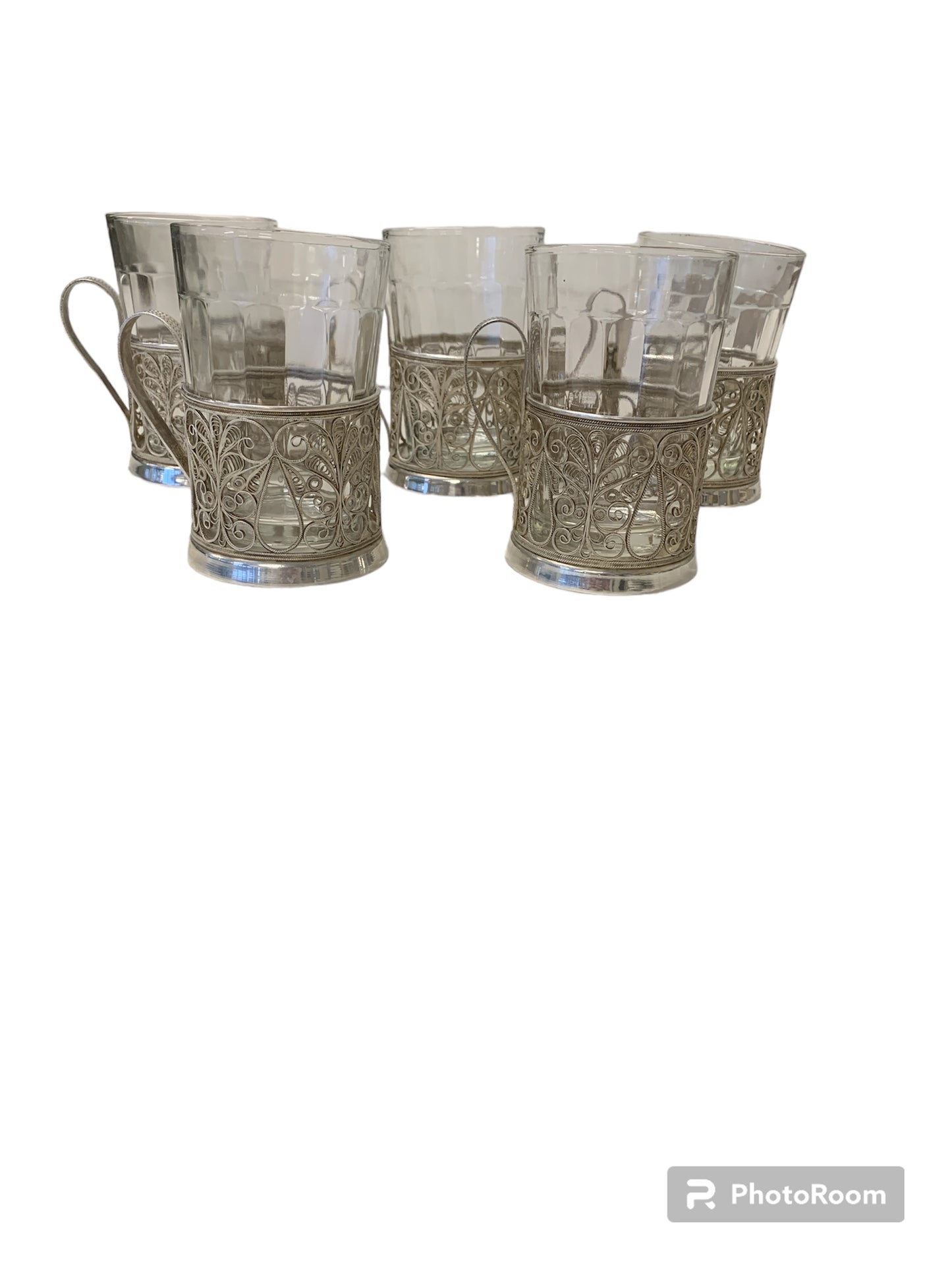 5Pc Set German Made Tea Glasses with Filigree Holders 5"