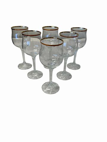 Set of 6 vintage gold-rimmed lead crystal wine glasses, 7"H