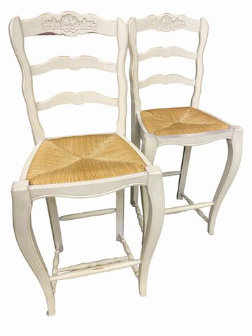 Pair of french country rush seat bar stools, cream,  19x21x43