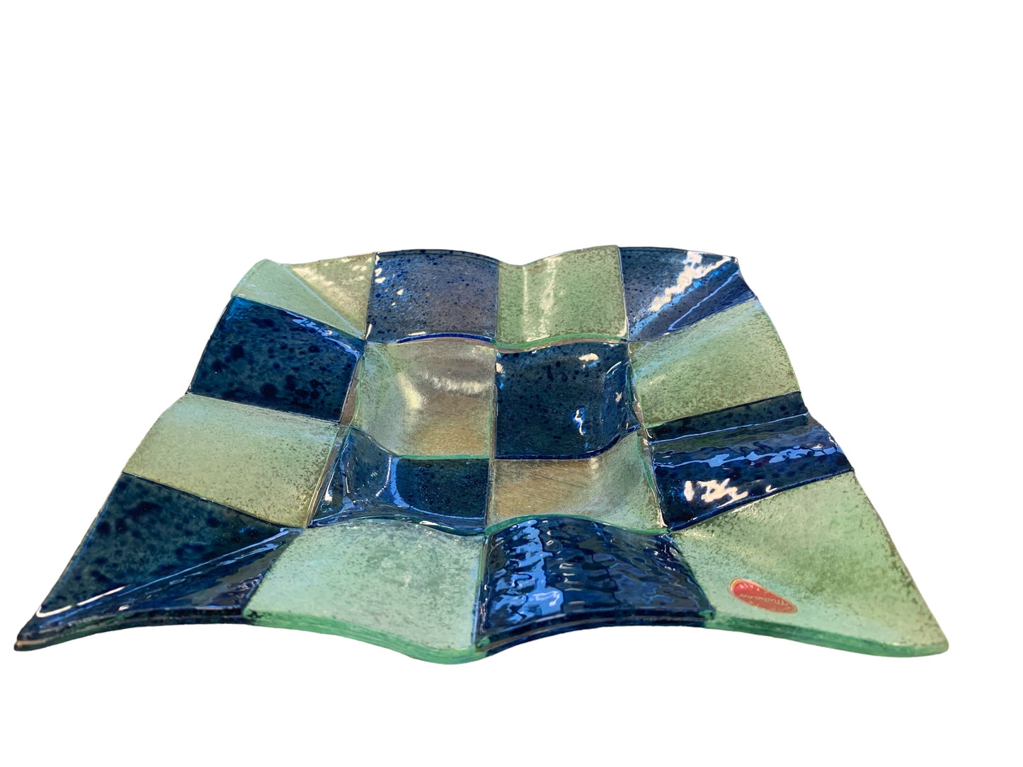 Wavy square blue/light green Murano glass dish, 7.25x7.25"