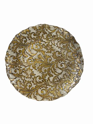 Decorative glass platter w/ scrolling leaves, white/gold, 15"D